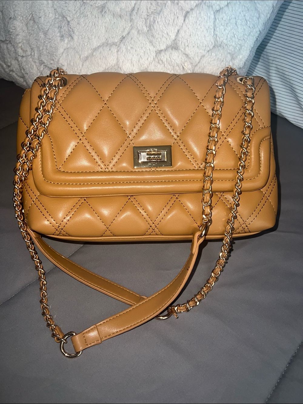 Miztique Quilted Shoulder Bag in Camel Brown with Gold Chain